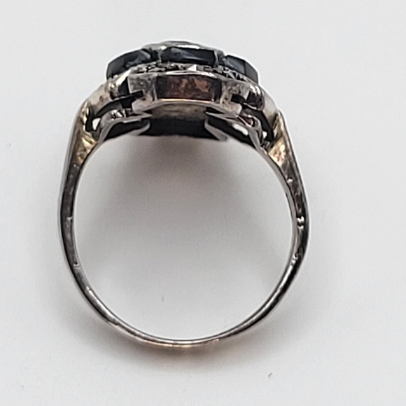 Sterling Silver Purple Glass Center Onyx Art Deco Style Ring Size 5 1/4 - Picture 3 of 13